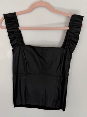 Zara Knit Faux Leather Ruffle Strap Crop Top | Size M | Black